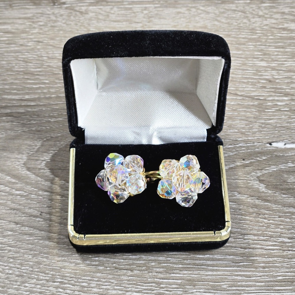 Vintage Aurora‎ Borealis Crystal Flower Clip On Earrings Iridescent